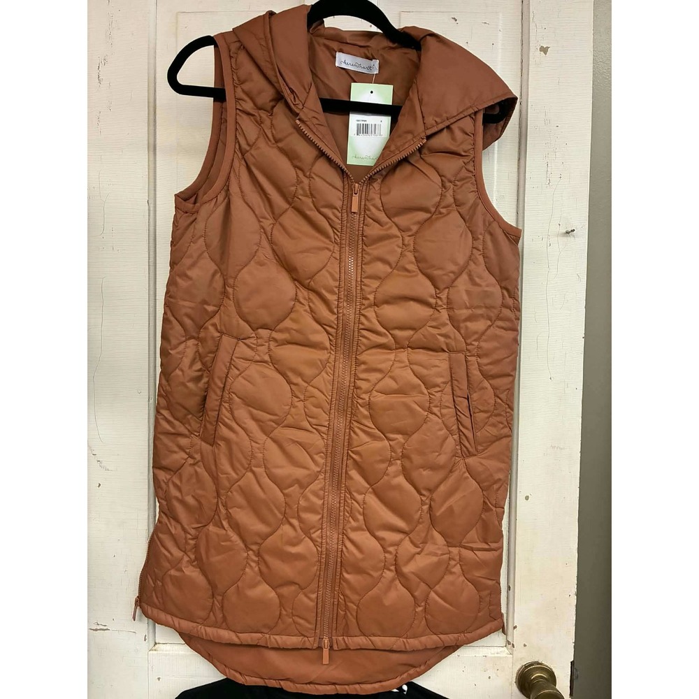Size Small Women Quilted Puffer Vest Hooded Longline Ginger Brown NEW